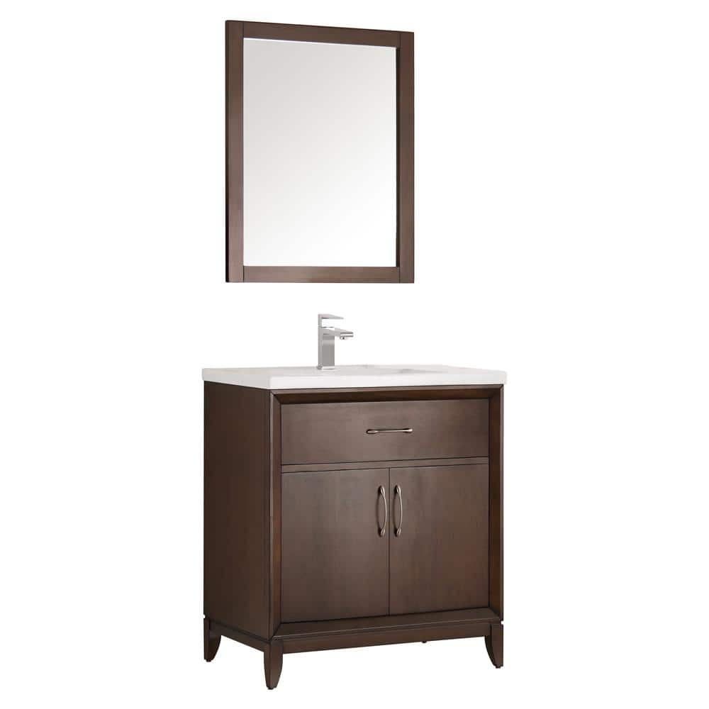 Fresca Cambridge 30 in. Vanity in Antique Coffee with Porcelain Vanity Top in White with White Ceramic Basin and Mirror