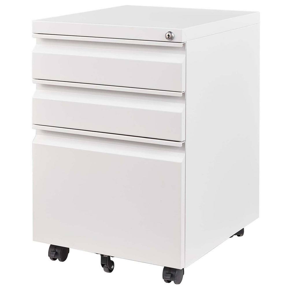 17.32 in. W. x 14.69 in. D x 23.62 in. H White Mobile Linen Cabinet with 3-Drawers and 5-Wheels