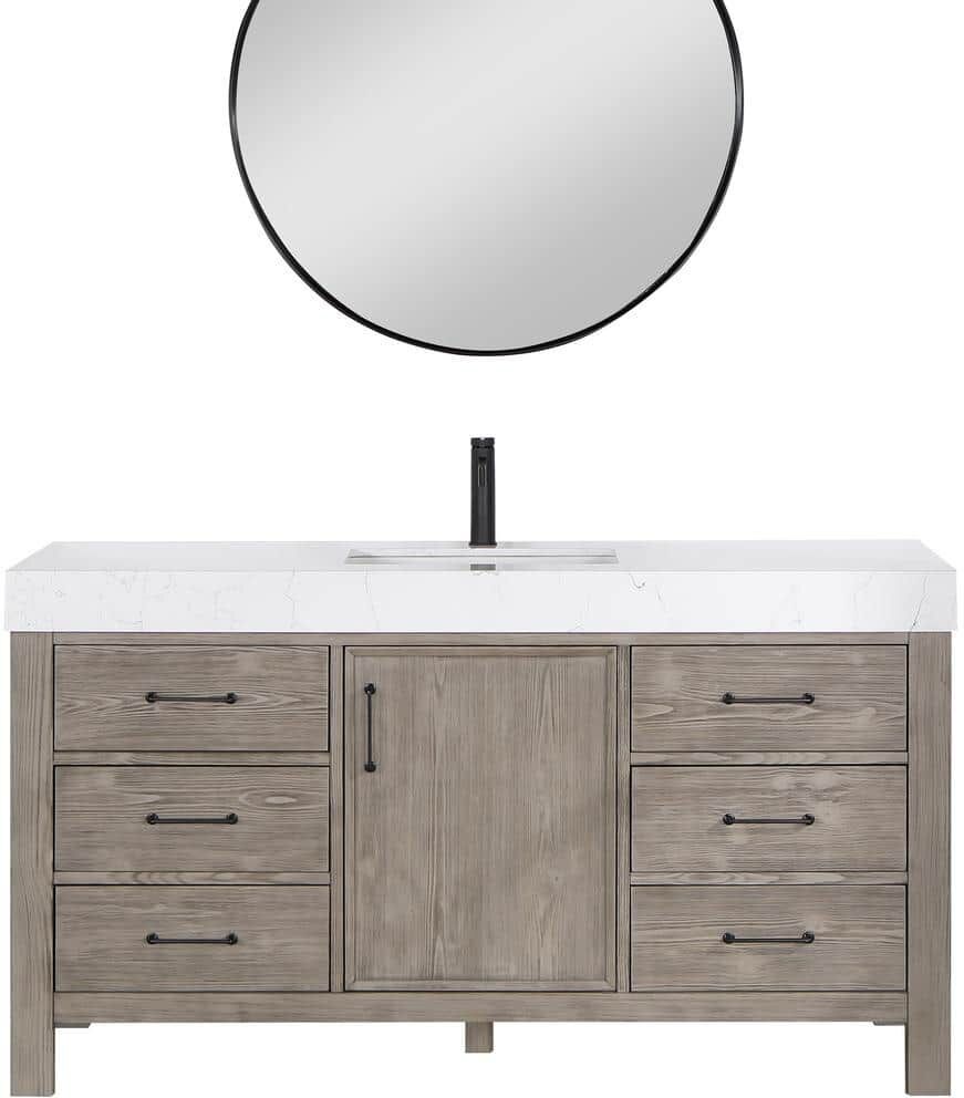 ROSWELL León 60 in. W x 22 in. D x 34 in. H Single Sink Bath Vanity in Fir Wood Grey with White Composite Stone Top and Mirror