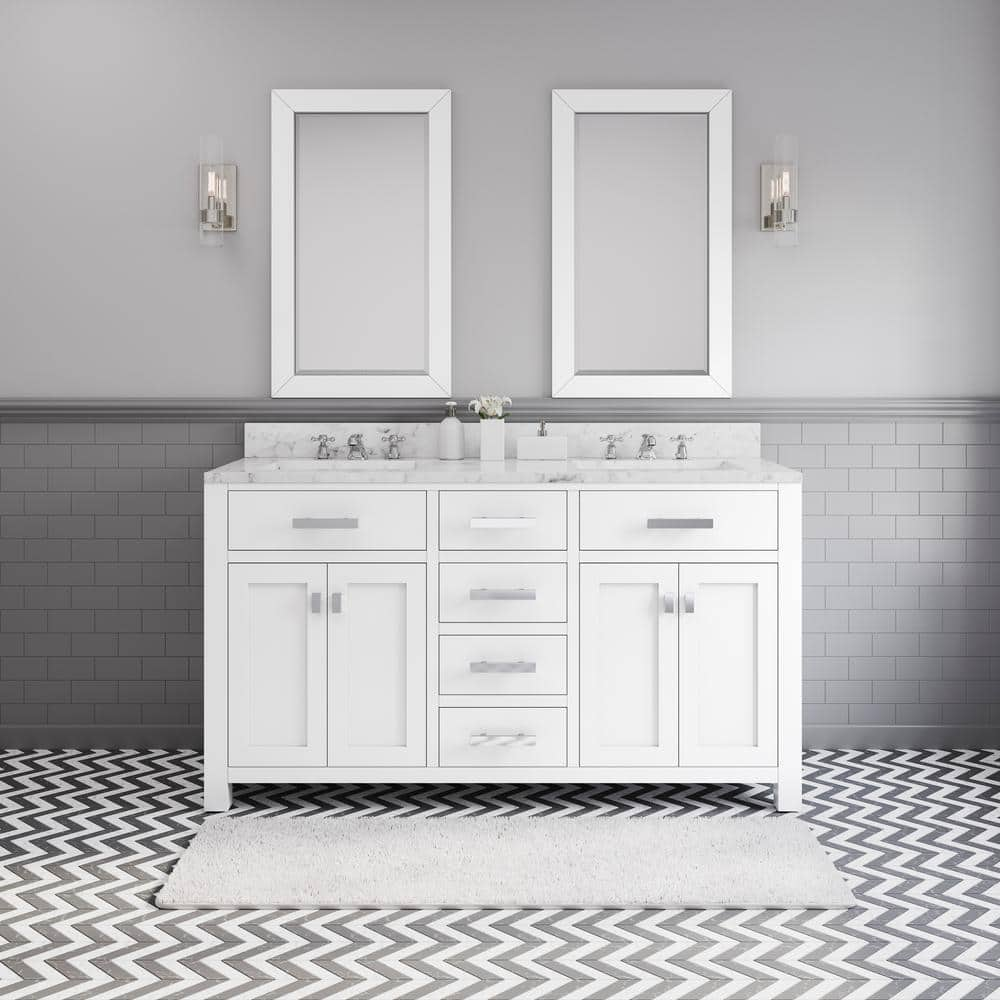 Water Creation Madison 60 in. Vanity in Modern White with Marble Vanity Top in Carrara White and Matching Mirror