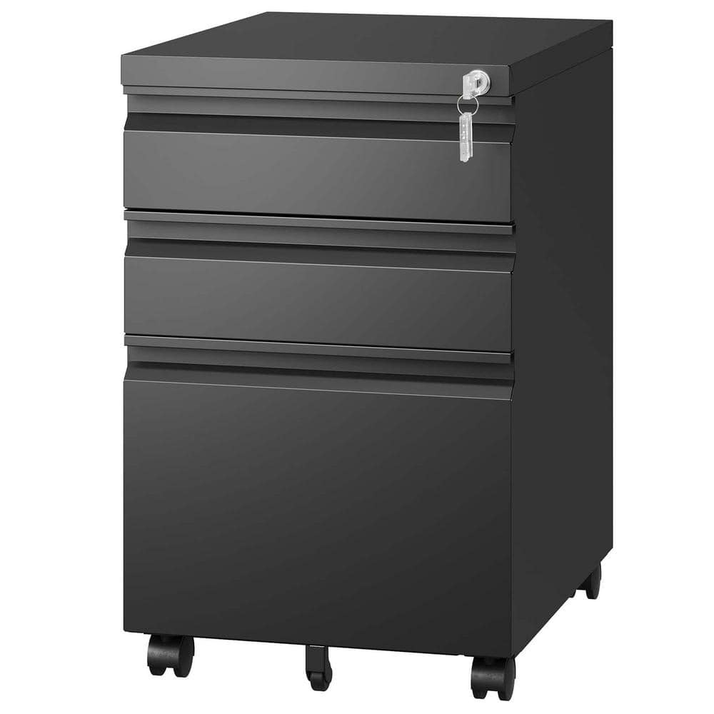 17.32 in. W x 14.69 in. D x 23.62 in. H Black Mobile Linen Cabinet with 3-Drawers and 5-Wheels