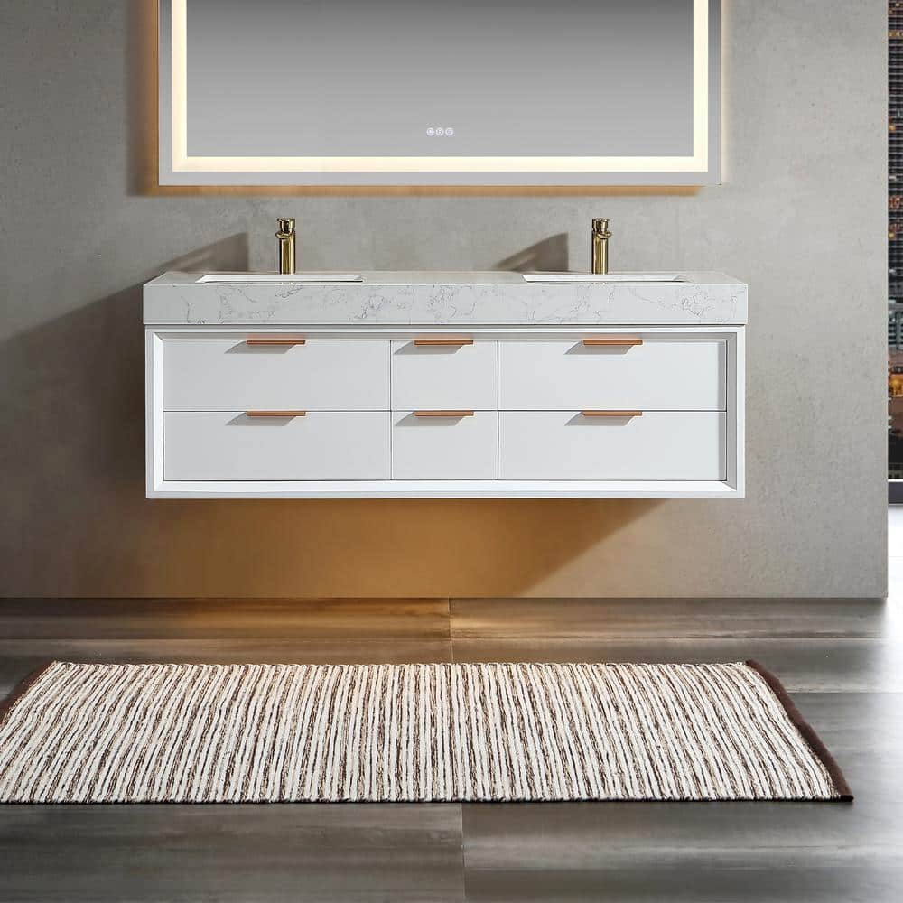 Lonni 60 in. W x 20.7 in. D x 21.3 in. H Floating Bathroom Vanity in White solid Oak/White Engineer Marble Countertop & Lights