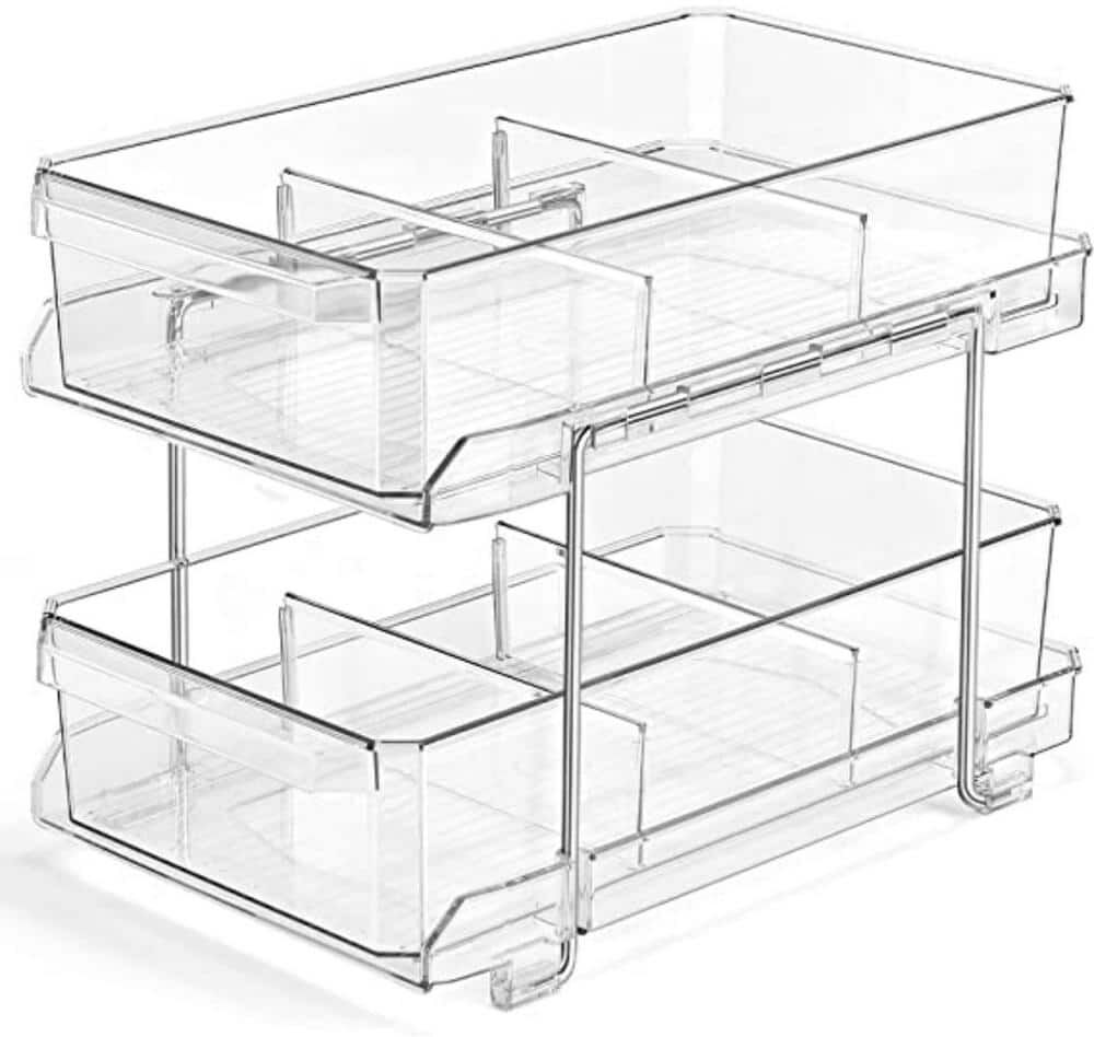 Dyiom 2 Tier Clear Organizer with Dividers, Multi-Purpose Slide-Out Storage Container, Bathroom Vanity Counter Organizing Tray