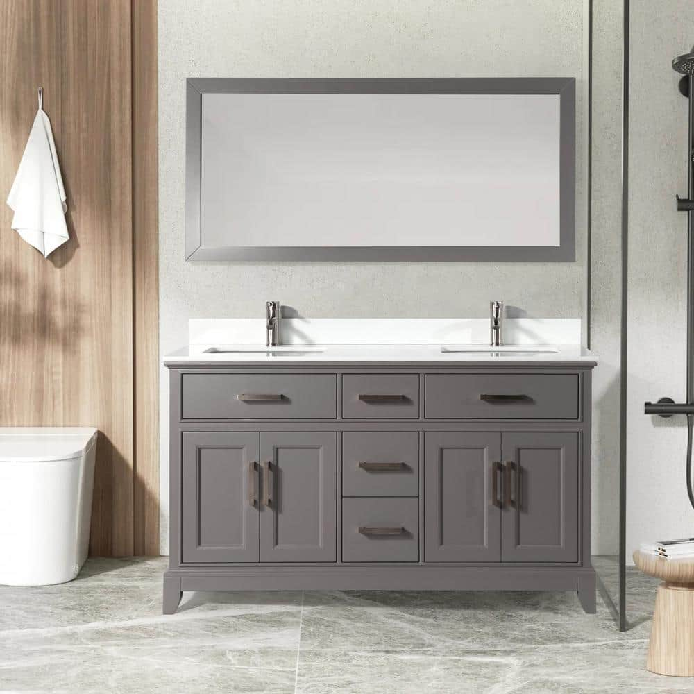 Vanity Art Genoa 60 in. W x 22 in. D x 36 in. H Bath Vanity in Grey with Engineered Marble Top in White with Basin and Mirror