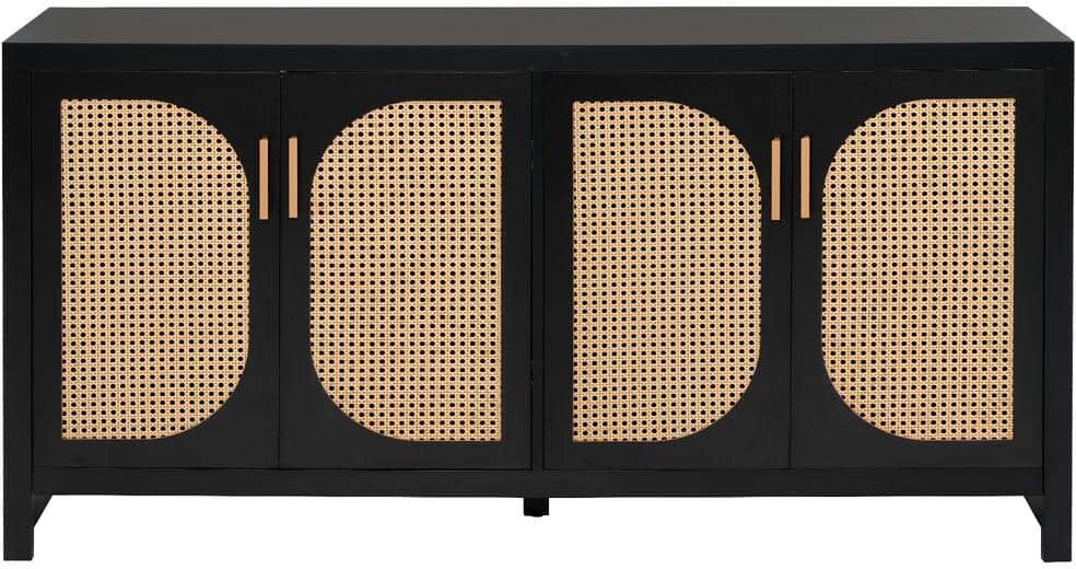 59.10 in. W x 13.80 in. D x 30.30 in. H Black Linen Cabinet with Rattan Doors, Adjustable Shelves