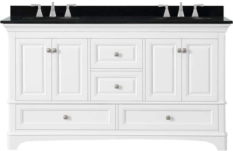 Home Decorators Collection Moorpark 61 in. W Bath Vanity in White with Granite Vanity Top in Black with White Basins