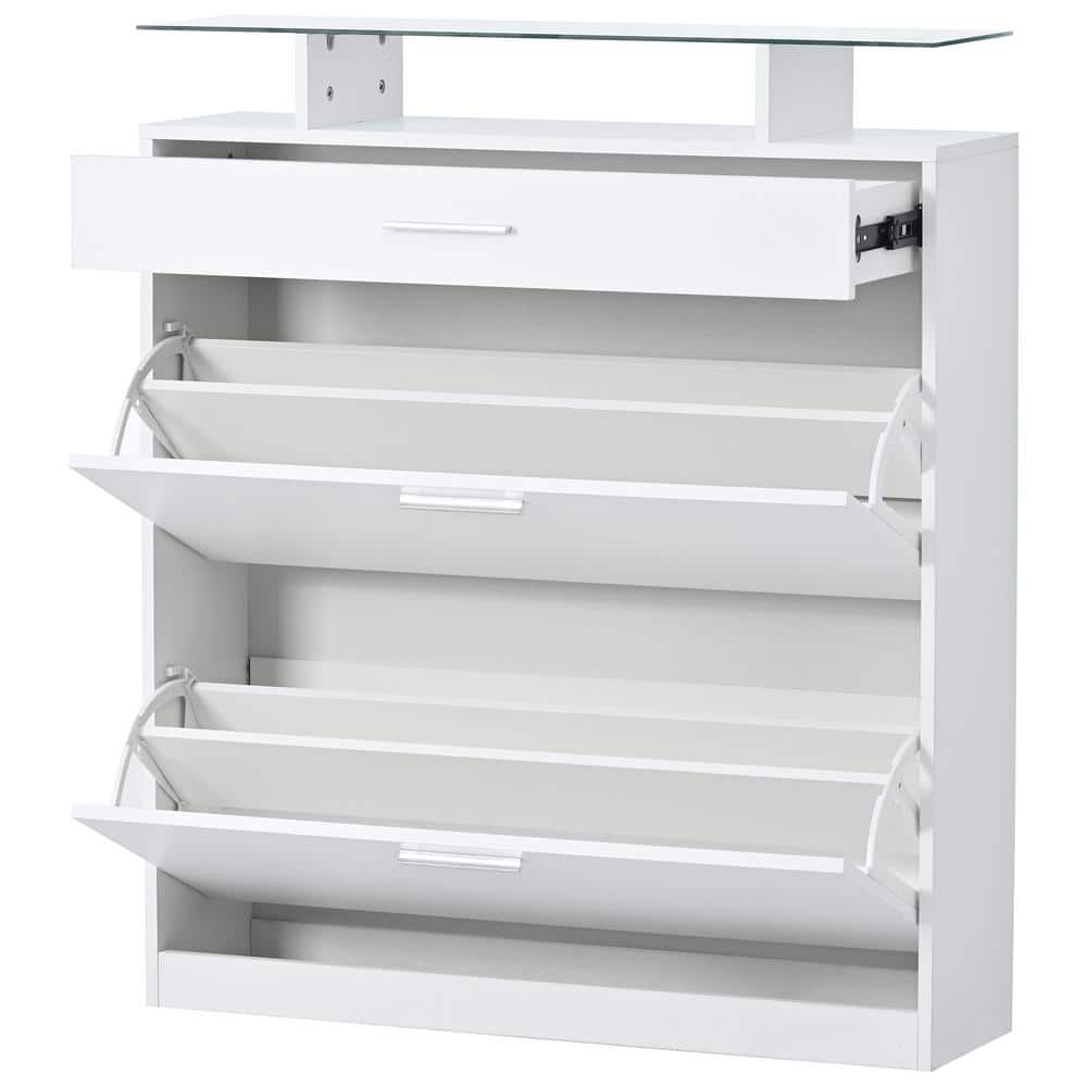 35 in. W x 9.4 in. D x 40.9 in. H White Wood Linen Cabinet with 2 Flip Drawers, Tempered Glass Top, LED Light