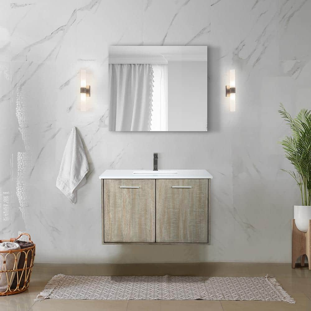 Lexora Fairbanks 36 in W x 20 in D Rustic Acacia Bath Vanity, Cultured Marble Top, Gun Metal Faucet Set and 28 in Mirror