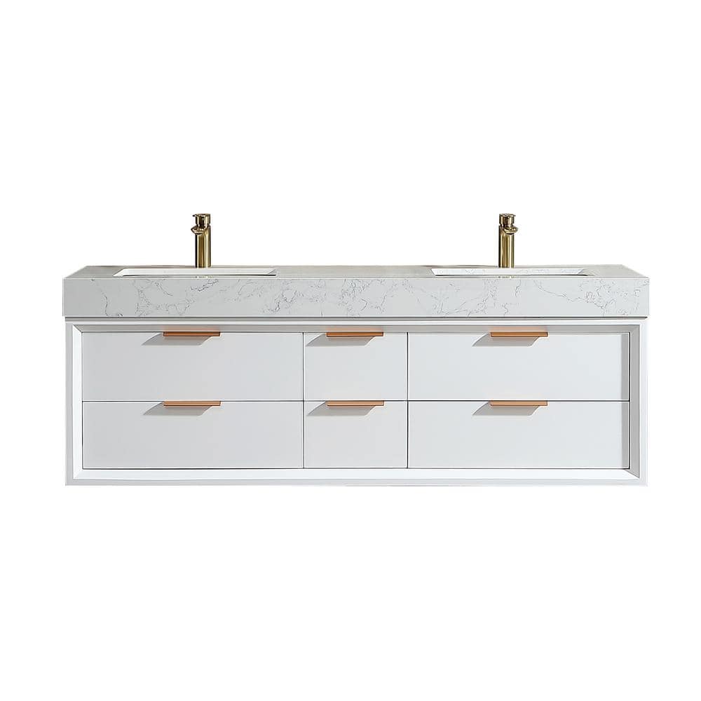 Xspracer Moray 60 in. W x 21 in. D x 21 in. H Double Sinks Floating Bath Vanity in White with White Engineer Stone Composite Top