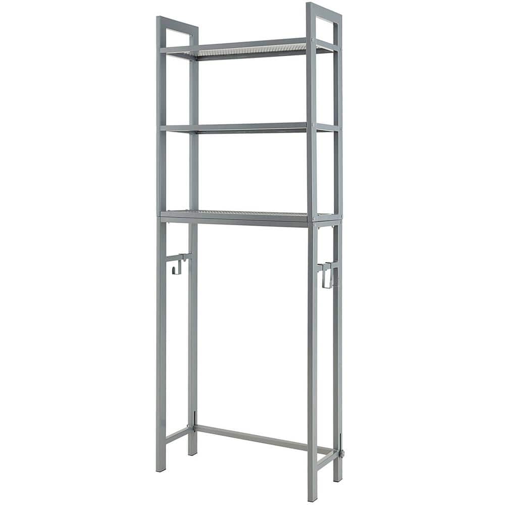 Costway 25 in. W x 67.5 in. H x 10.5 in. D Grey Over The Toilet Storage with Shelf Space Saving Metal Bathroom Organizer Hooks
