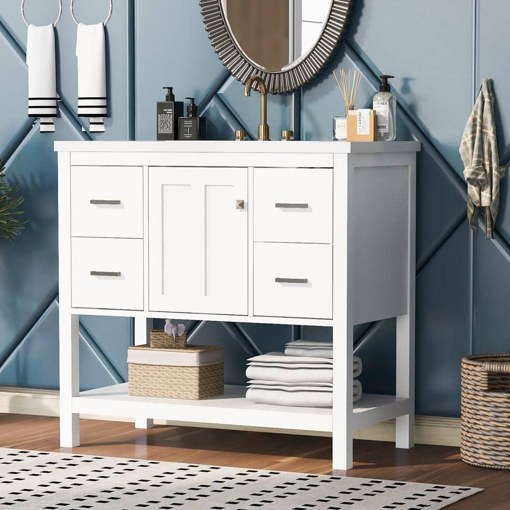 36 in. W x 18 in. D x 34 in. H White Linen Cabinet with Bathroom Vanity, Resin Sink, USB, 3 Drawers and Door