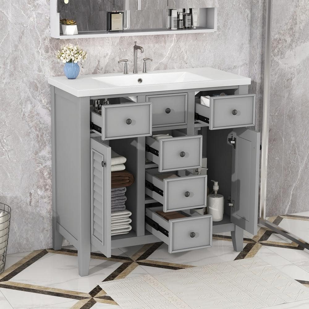 Magic Home 36 in. Modular Functional Storage Wood Cabinet Freestanding Gray Bathroom Vanity with White Ceramic Basin, 5-Drawers