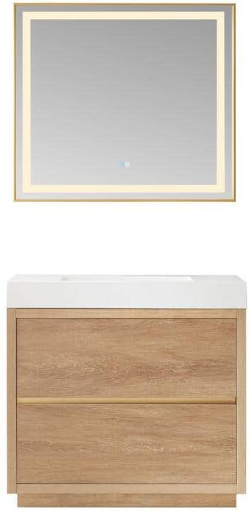 ROSWELL Palencia 36 in. W x 20 in. D x 33.9 in. H Single Sink Bath Vanity in N. American Oak with White Composite Top and Mirror