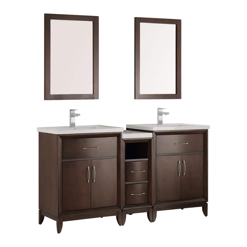 Fresca Cambridge 59 in. Vanity in Antique Coffee with Porcelain Vanity Top in White with White Ceramic Basins and Mirror