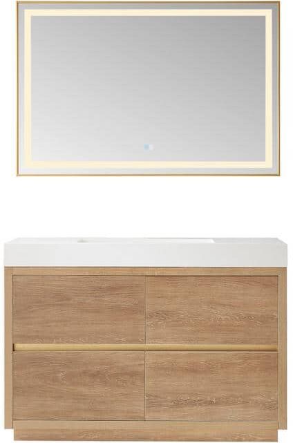 ROSWELL Palencia 48 in. W x 20 in. D x 33.9 in. H Single Sink Bath Vanity in N. American Oak with White Composite Top and Mirror