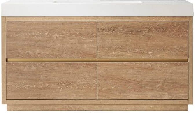 ROSWELL Palencia 60 in. W x 20 in. D x 33.9 in. H Bath Vanity in North American Oak with White Composite Integral Sink and Top