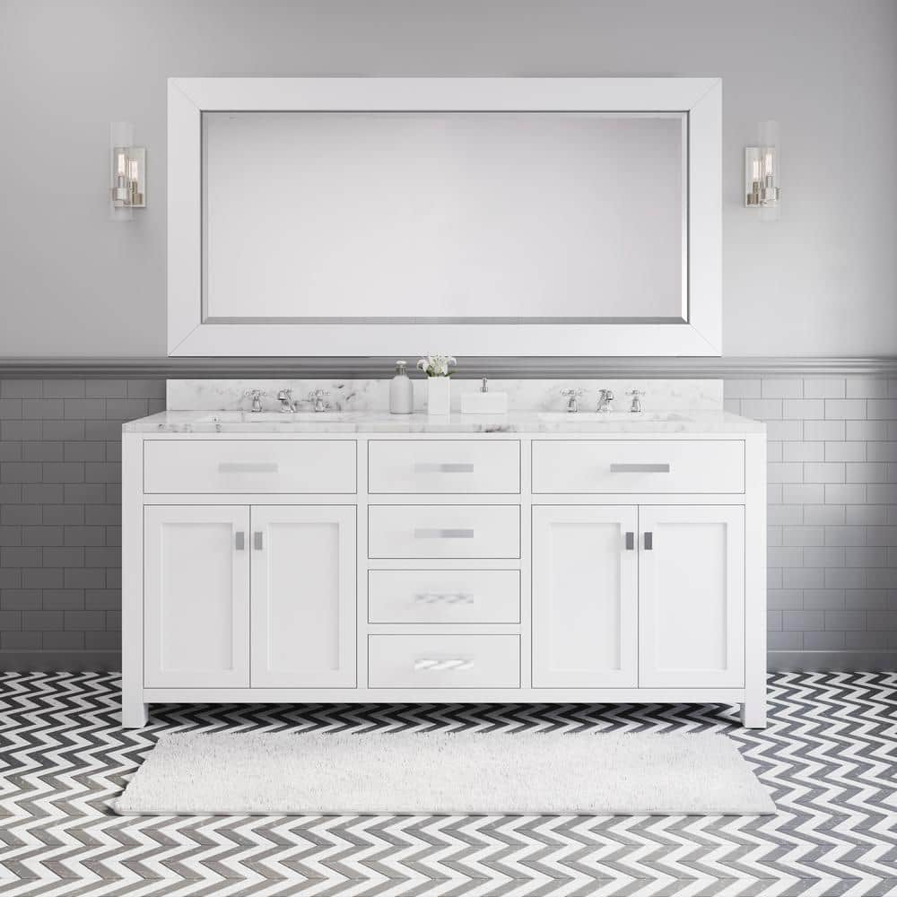 Water Creation Madison 72 in. Vanity in Modern White with Marble Vanity Top in Carrara White and Matching Mirror