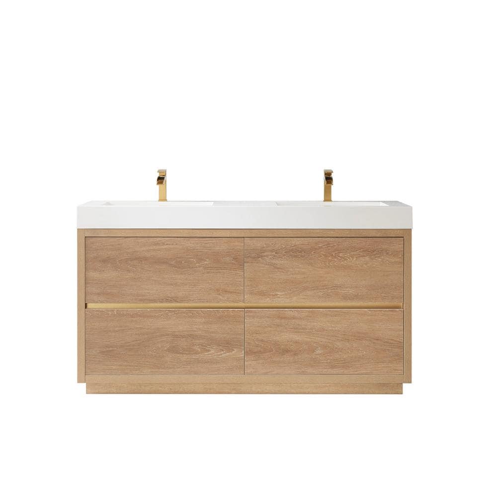 ROSWELL Palencia 60 in. W x 20 in. D x 33.9 in. H Double Bath Vanity in North American Oak with White Composite Integral Top