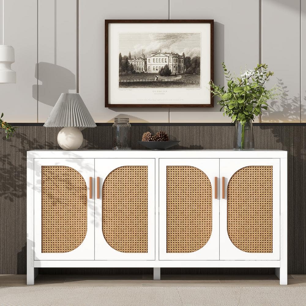 59.1 in. W x 13.8 in. D x 30 in. H White Wood Linen Cabinet with PE Rattan Doors and Adjustable Shelves