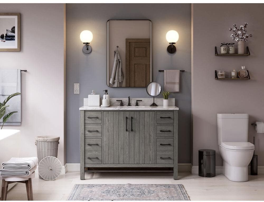 Home Decorators Collection Stanbury 48 in. W x 22 in. D Vanity in Cashmere with Carrara Marble Vanity Top with White Sink