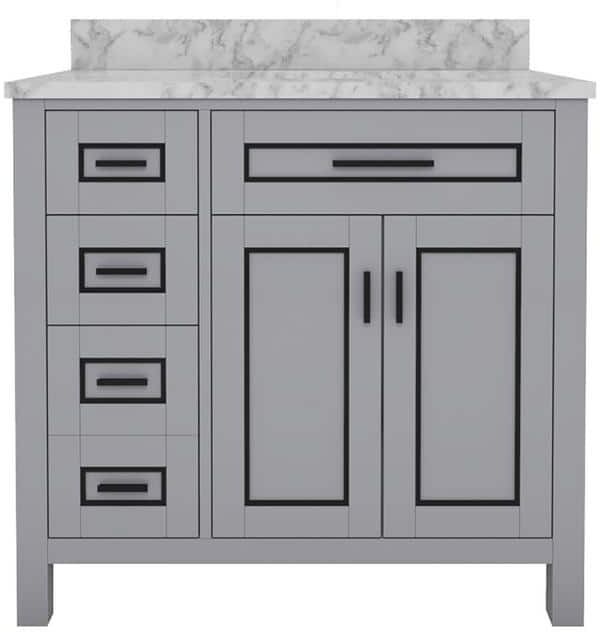 Sinber STYLE2 36 in. W x 22 in. D x 35 in. H Single Ceramic Sink Freestanding Bath Vanity in Gray with Carrara White Marble Top