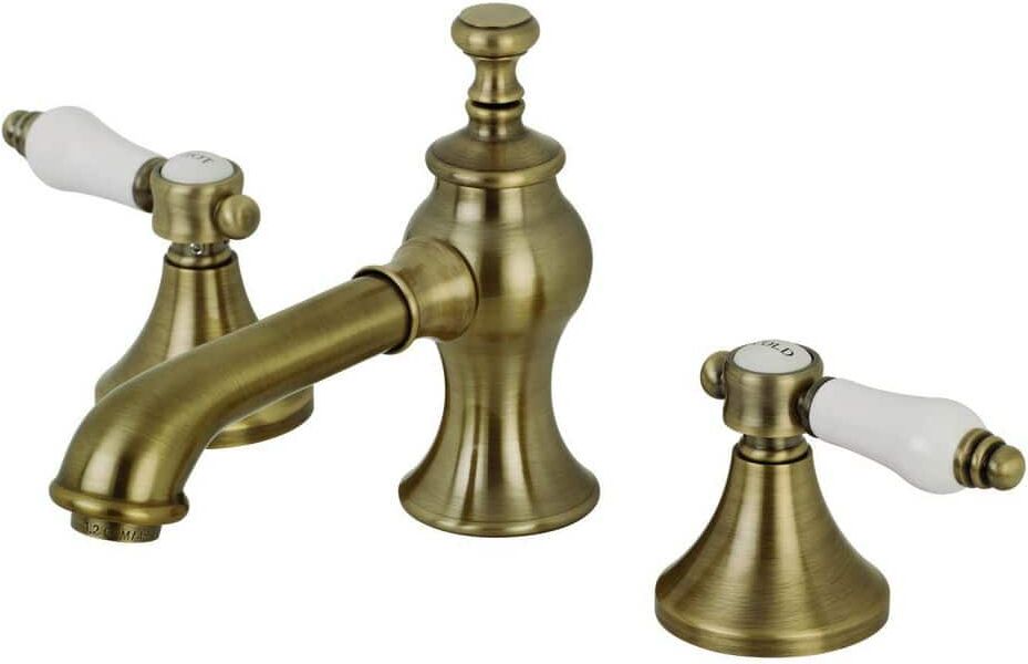 Kingston Bel-Air 8 in. Widespread 2-Handle Bathroom Faucets with Brass Pop-Up in Antique Brass