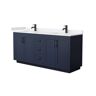 Wyndham Collection Miranda 72 in. W Double Bath Vanity in Dark Blue with Cultured Marble Vanity Top in Light-Vein Carrara with White Basins