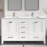 HOMEVY STUDIO Anneliese 60 in. W. x 21 in. D x 35 in. H Double Sink Freestanding Bath Vanity in Matte White with Carrara Marble Top