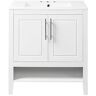 30 in. White Wood Console Sink Freestanding Bathroom Vanity Basin Combo with Integrated Ceramic Sink and Doors, Drawers