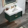 ANGELES HOME 36 in. W x 20.9 in. D x 21.3 in. H Wall Mount Solid Wood Bath Vanity in Green with White Cultured Marble Top, LED Light