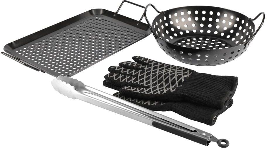 PITMASTER KING Grill Topper BBQ Grilling Matte Black Pan and Tray 5-Pcs Set for Indoor/Outdoor Cooking w/Tongs & Heat Resistant Gloves