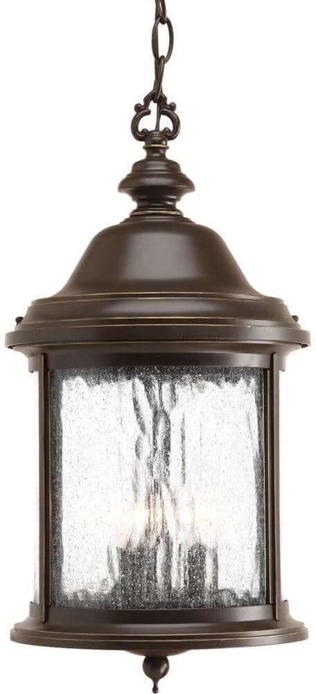 Progress Lighting Ashmore Collection 3-Light Antique Bronze Water Seeded Glass New Traditional Outdoor Hanging Lantern Light