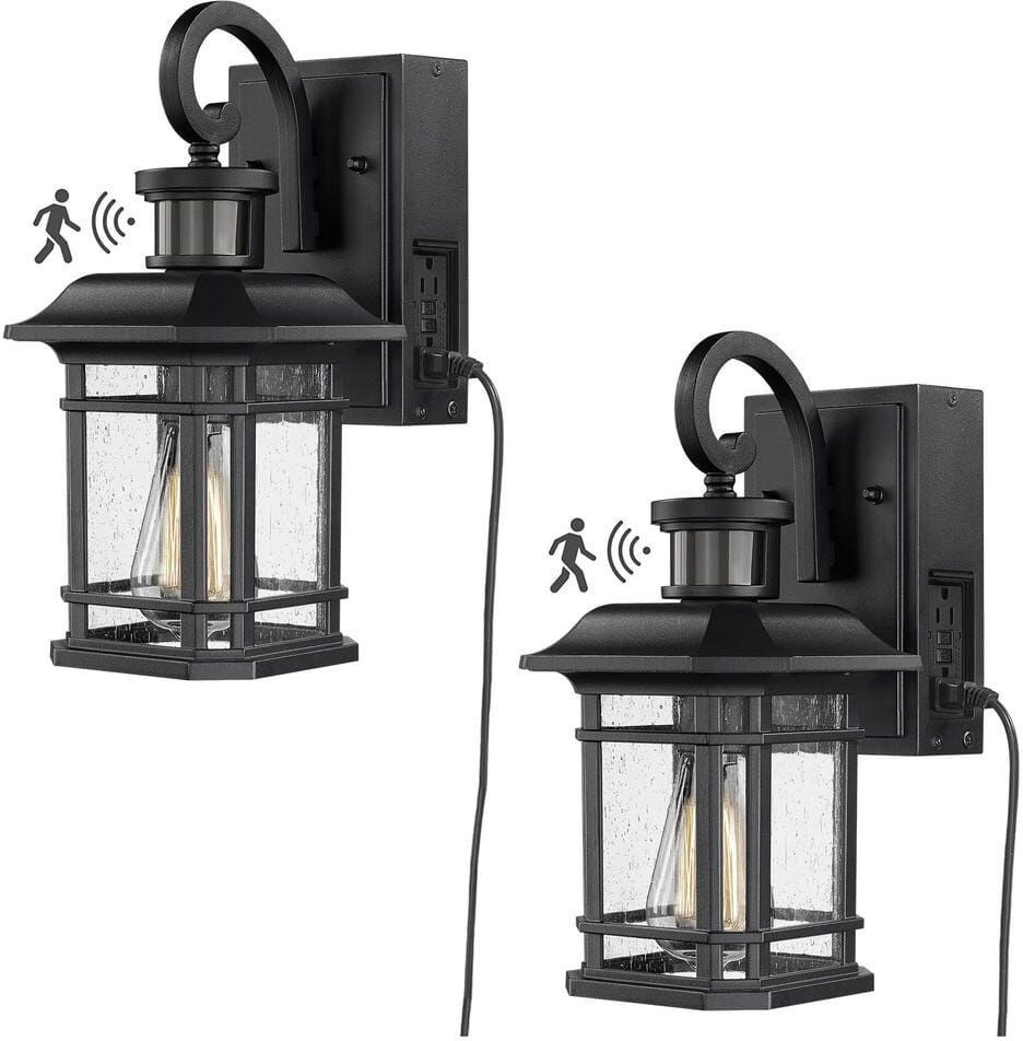 JAZAVA Black Motion Sensing Weather Resistant Outdoor Hardwired Wall Lantern Scone with Seeded Glass Shade No Bulbs Included