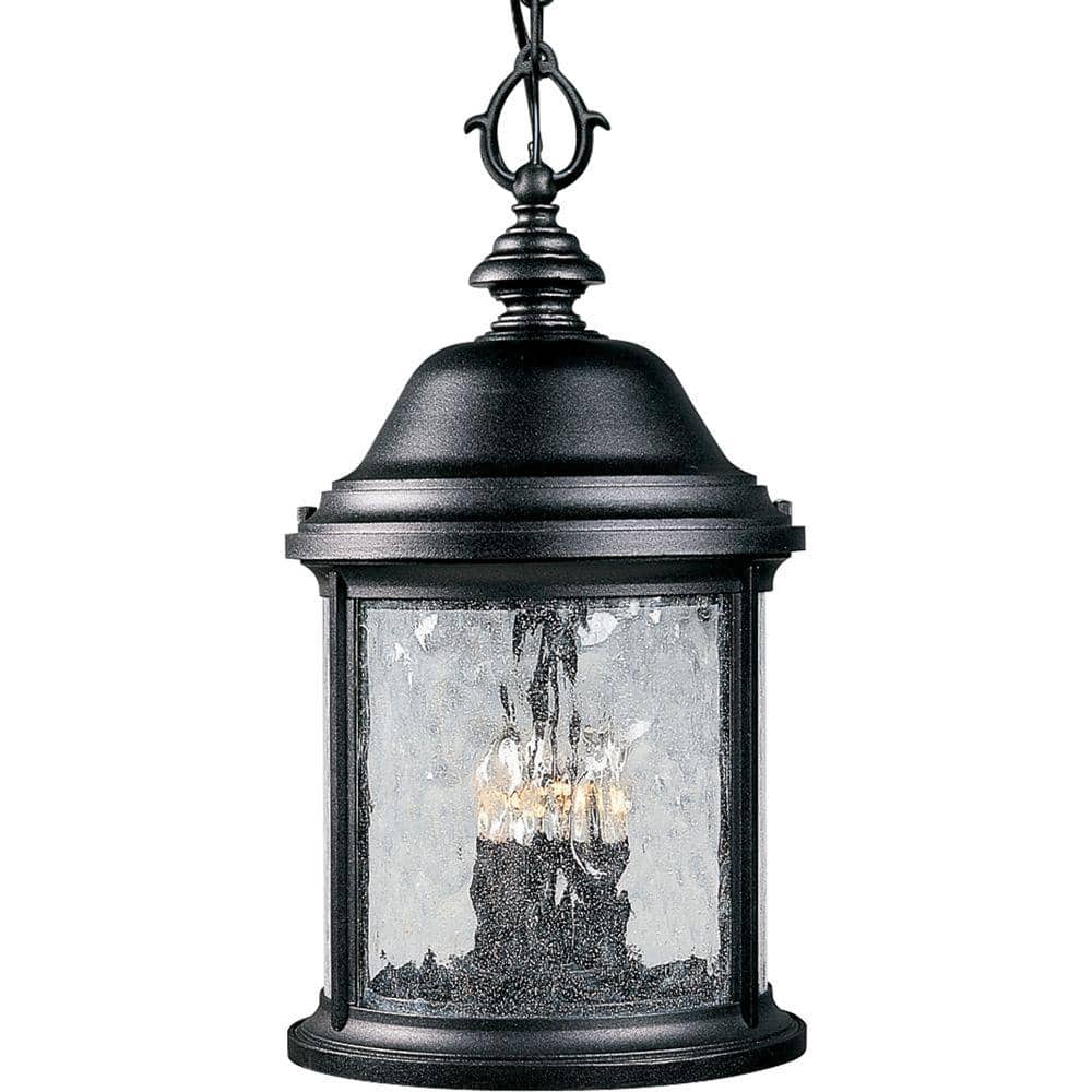 Progress Lighting Ashmore Collection 3-Light Textured Black Water Seeded Glass New Traditional Outdoor Hanging Lantern Light