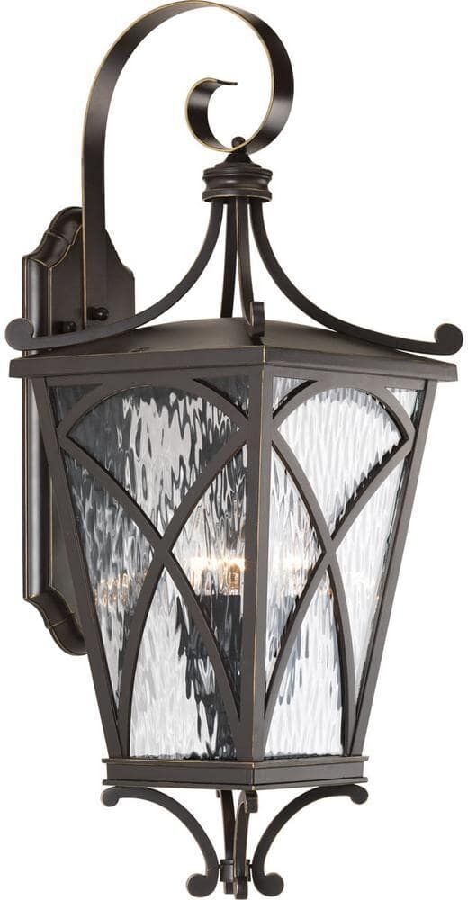 Progress Lighting Cadence Collection 3-Light Oil Rubbed Bronze Clear Water Seeded Glass Luxe Outdoor Large Wall Lantern Light