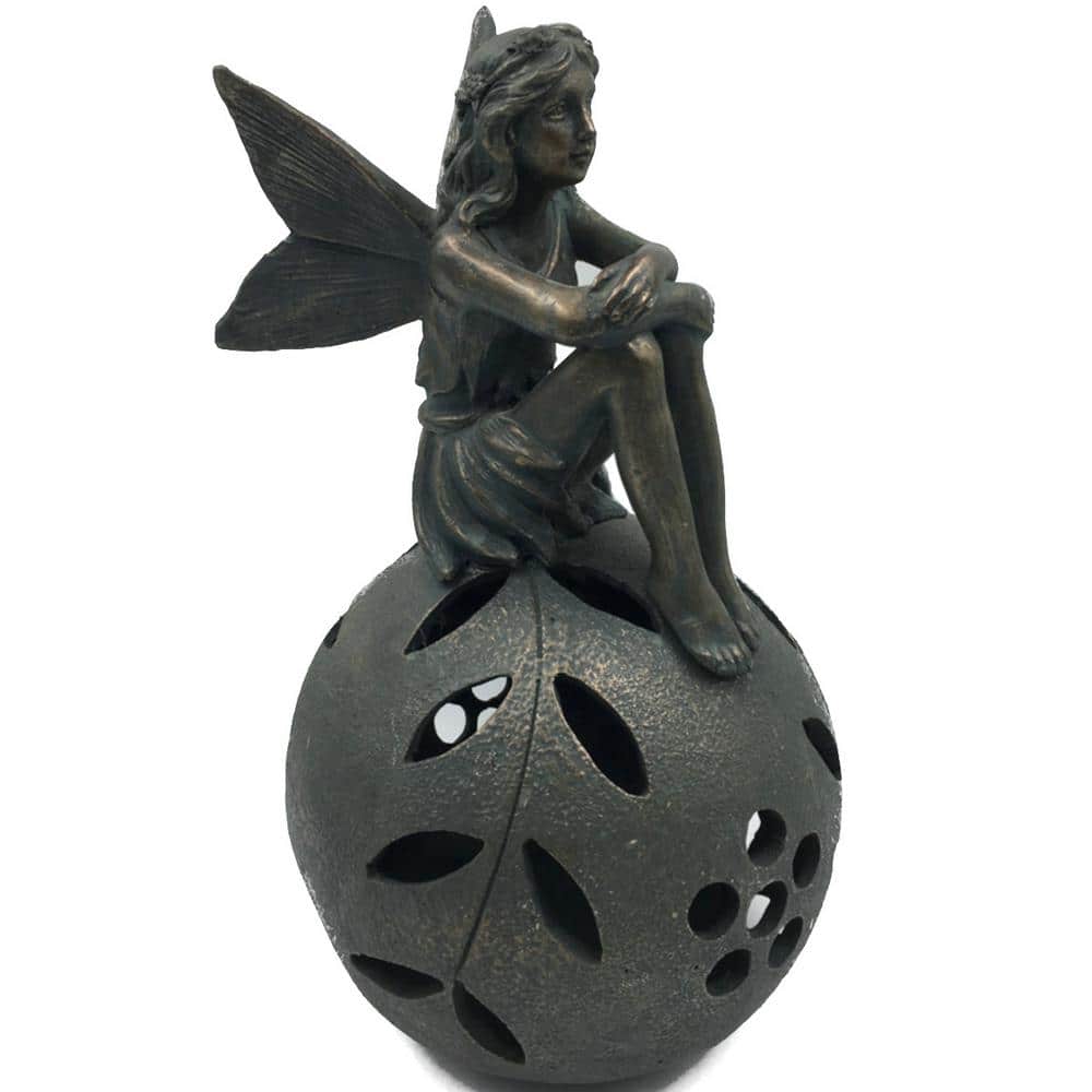 1-Light 13 in. Integrated LED Solar Powered Sitting Fairies with Balls of Leaves in Aged Bronze Patina