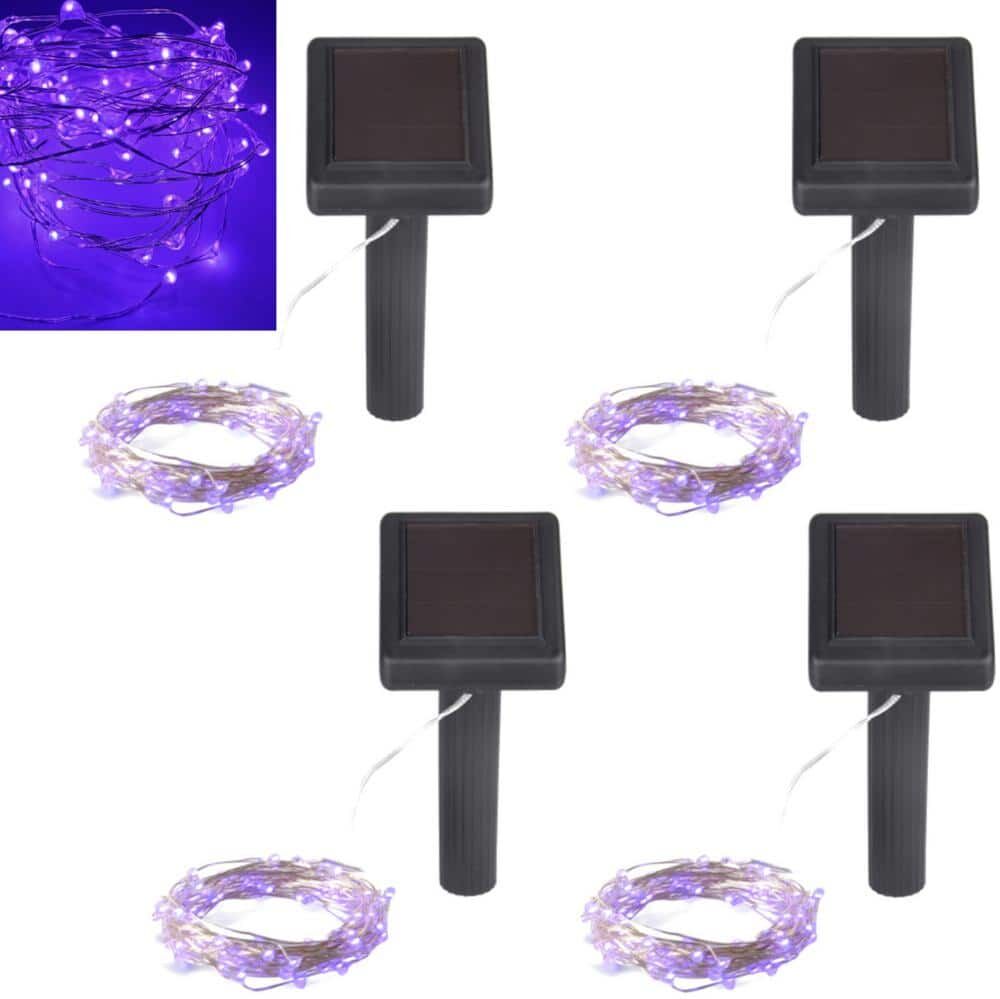 Hunnykome Outdoor 20 ft. Solar Micro LED String Light with 100 Purple LEDs (4-Pack)