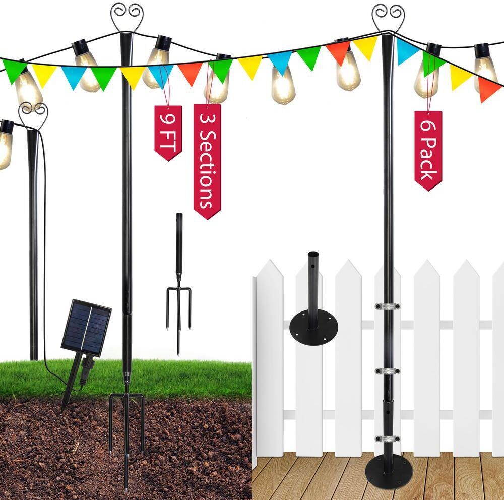 JAXPETY 8 ft. String Light Pole 25-Light Outdoor Solar Powered LED String Light Set for Garden Lawn Patio Decor (6-Pack)