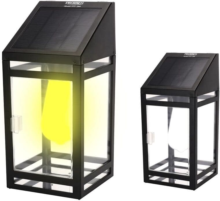 TECHKO Outdoor Solar Wall Lantern Black Dusk to Dawn Outdoor Solar Wall Mount Sconce with Yellow/White Integrated LED Bulb