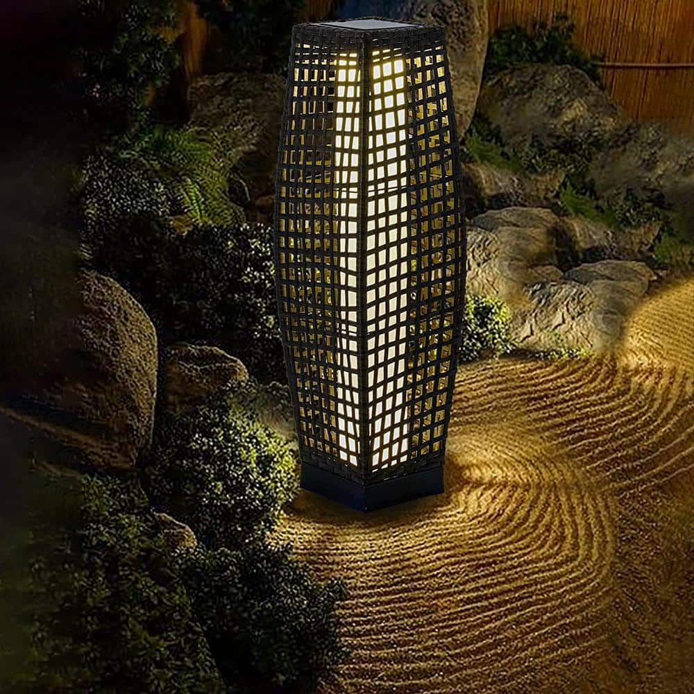 Yangming 31 in. Brown Rattan Outdoor Solar Floor Lamp Lanterns with Shade Deck Decorations Idea for Patio Yard, Garden, Party