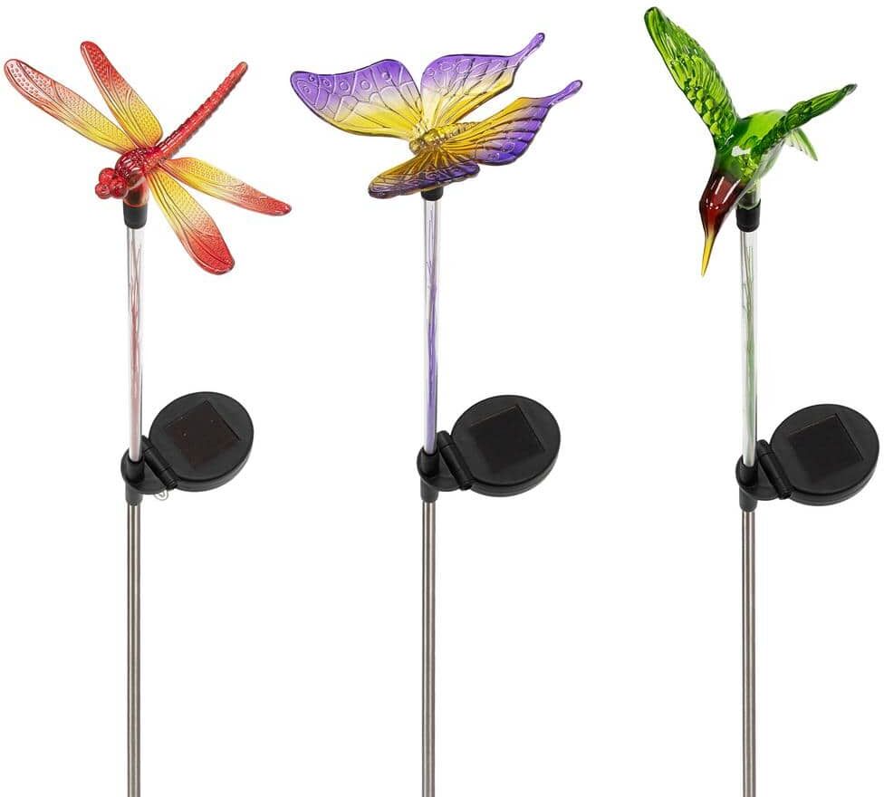 Alpine 33 in. Tall Butterfly, Hummingbird, Dragonfly Solar Fiber Optic Multi-Colored LED Path Light Garden Stakes (Set of 3)