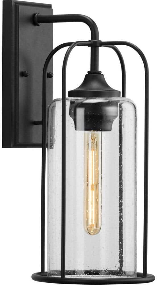 Progress Lighting Watch Hill Collection 1-Light Textured Black Clear Seeded Glass Farmhouse Outdoor Medium Wall Lantern Light