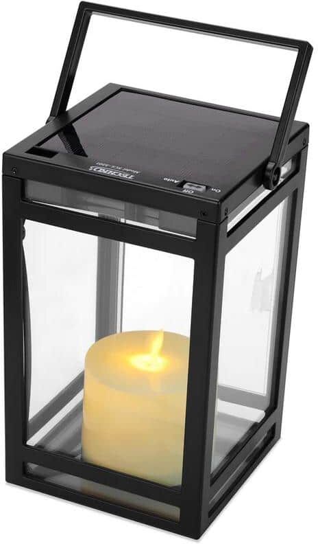 TECHKO Black Indoor/Outdoor Solar Flickering Candle Lantern Farmhouse Modern Warm White Light Design