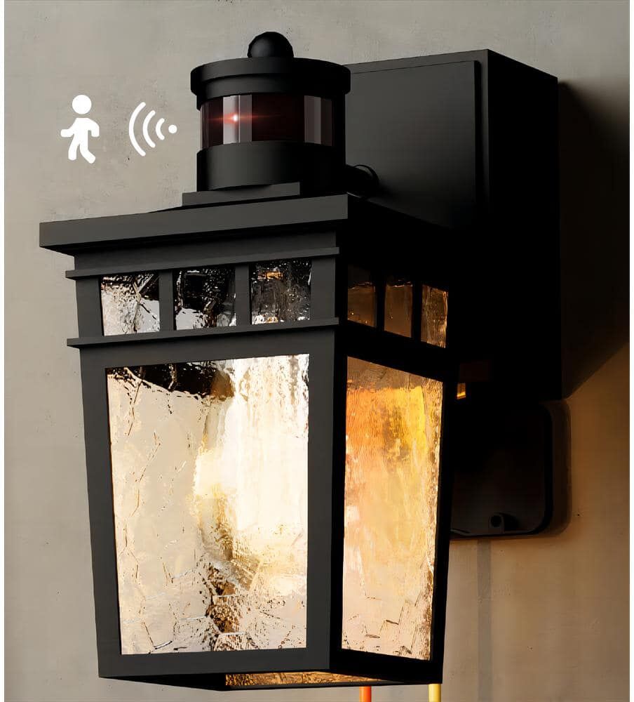 Tivleed 10.83 in. Black Motion Sensing Dusk to Dawn Outdoor Hardwired Wall Lantern Scone with No Bulbs Included