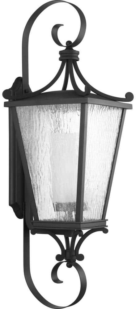 Progress Lighting Cadence Collection 1-Light Textured Black Clear Water Seeded Glass Luxe Outdoor Extra-Large Wall Lantern Light