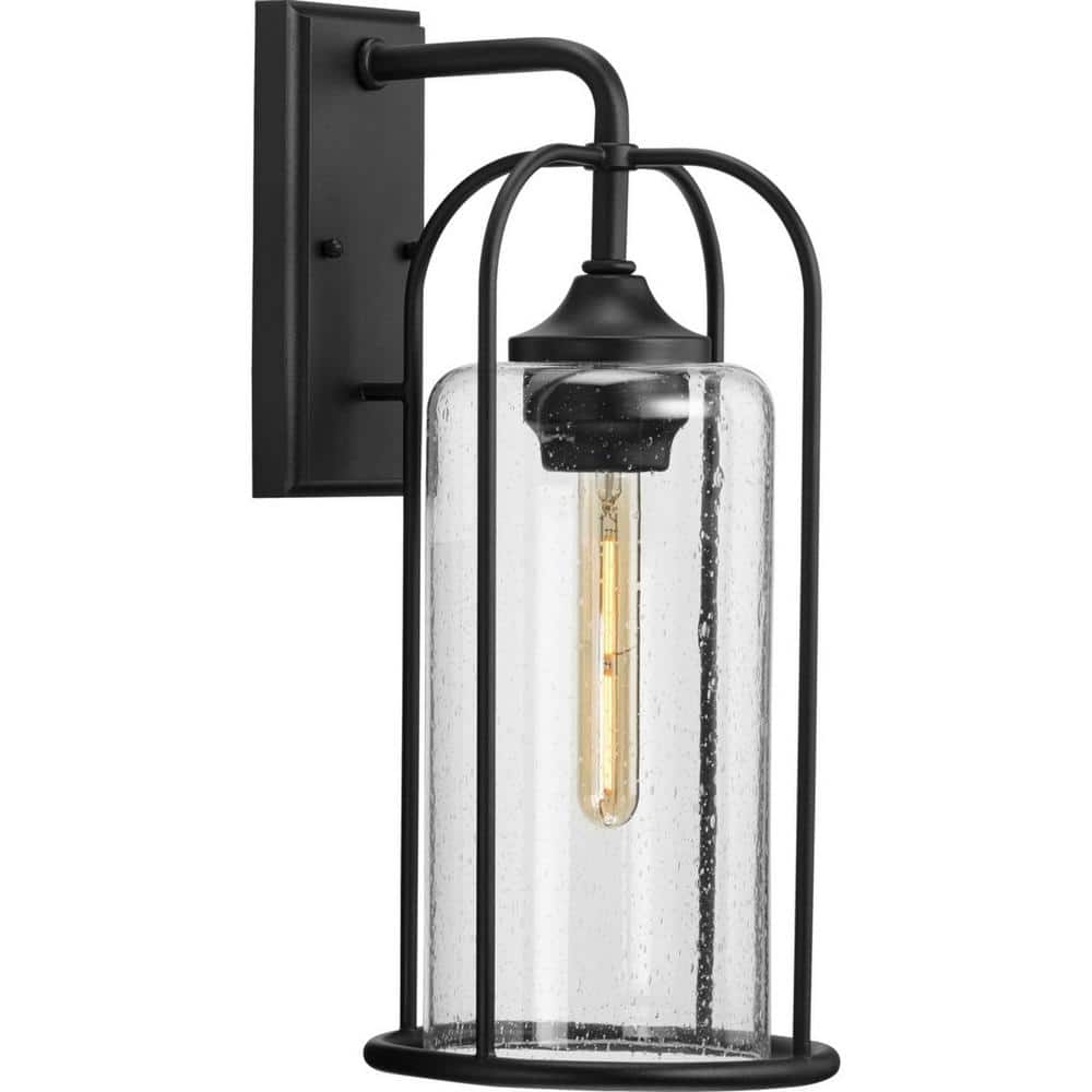 Progress Lighting Watch Hill Collection 1-Light Textured Black Clear Seeded Glass Farmhouse Outdoor Large Wall Lantern Light