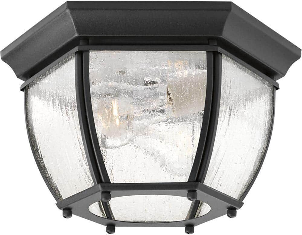 Progress Lighting Roman Coach Collection 2-Light Textured Black Clear Seeded Glass Traditional Outdoor Close-to-Ceiling Light