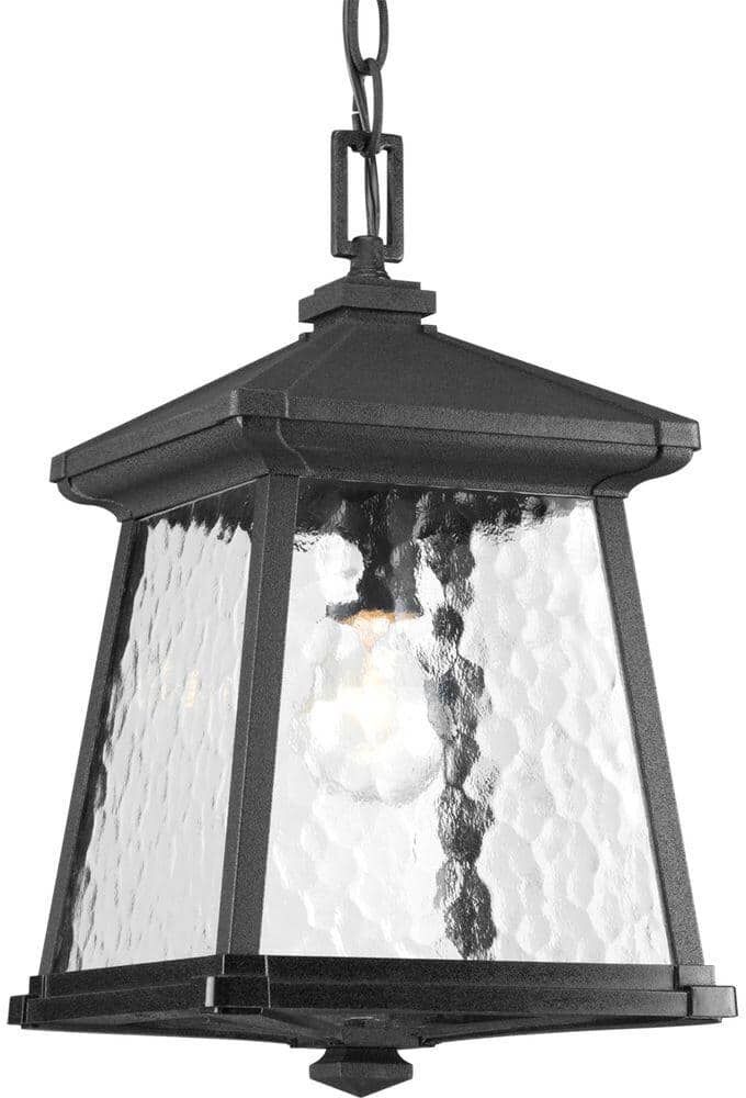 Progress Lighting Mac Collection 1-Light Textured Black Water Patterned Glass Craftsman Outdoor Hanging Lantern Light