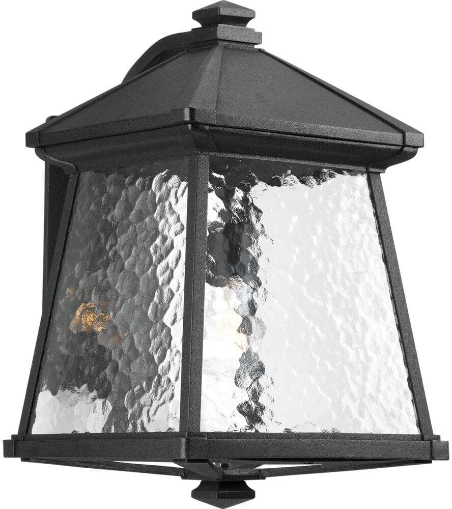 Progress Lighting Mac Collection 1-Light Textured Black Water Patterned Glass Craftsman Outdoor Large Wall Lantern Light