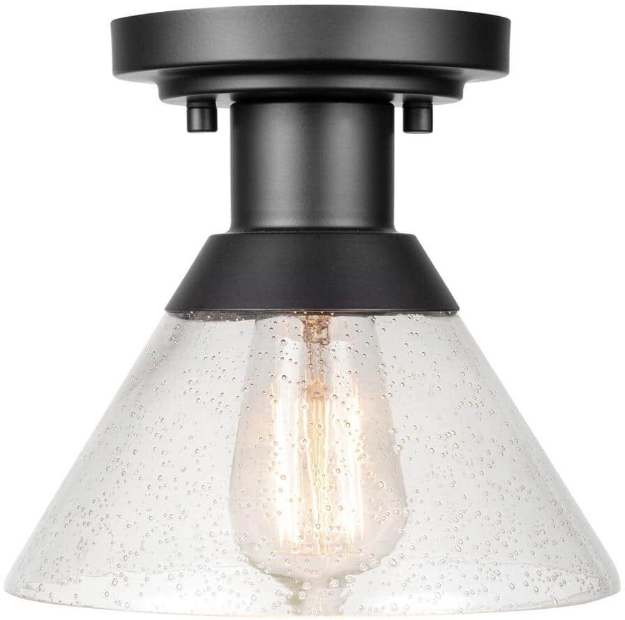 Globe Electric 1-Light Matte Black Outdoor Indoor Semi-Flush Mount with Clear Seeded Glass Shade, Vintage Incandescent Bulb Included